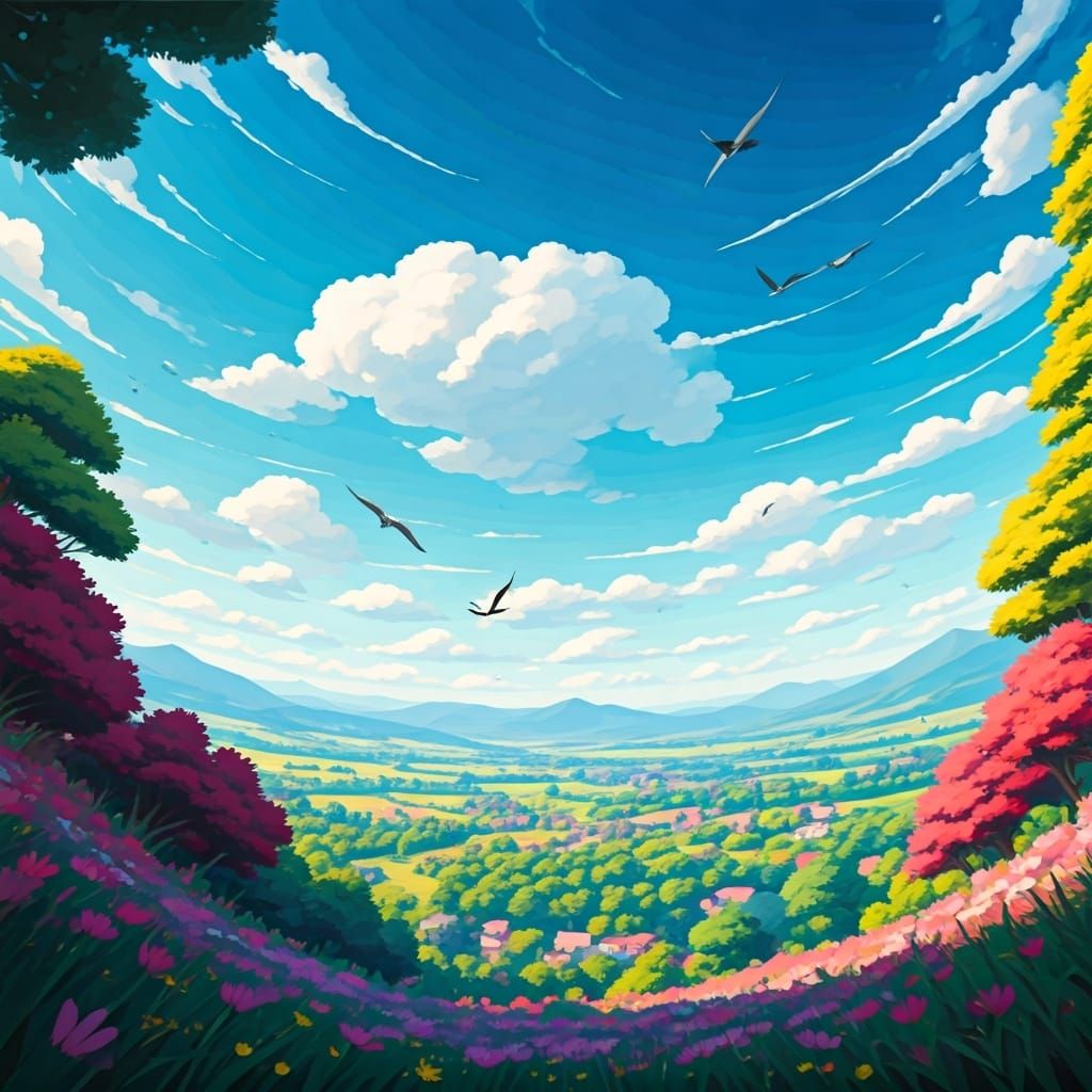 Birds in Flight: Whimsical Landscape Art