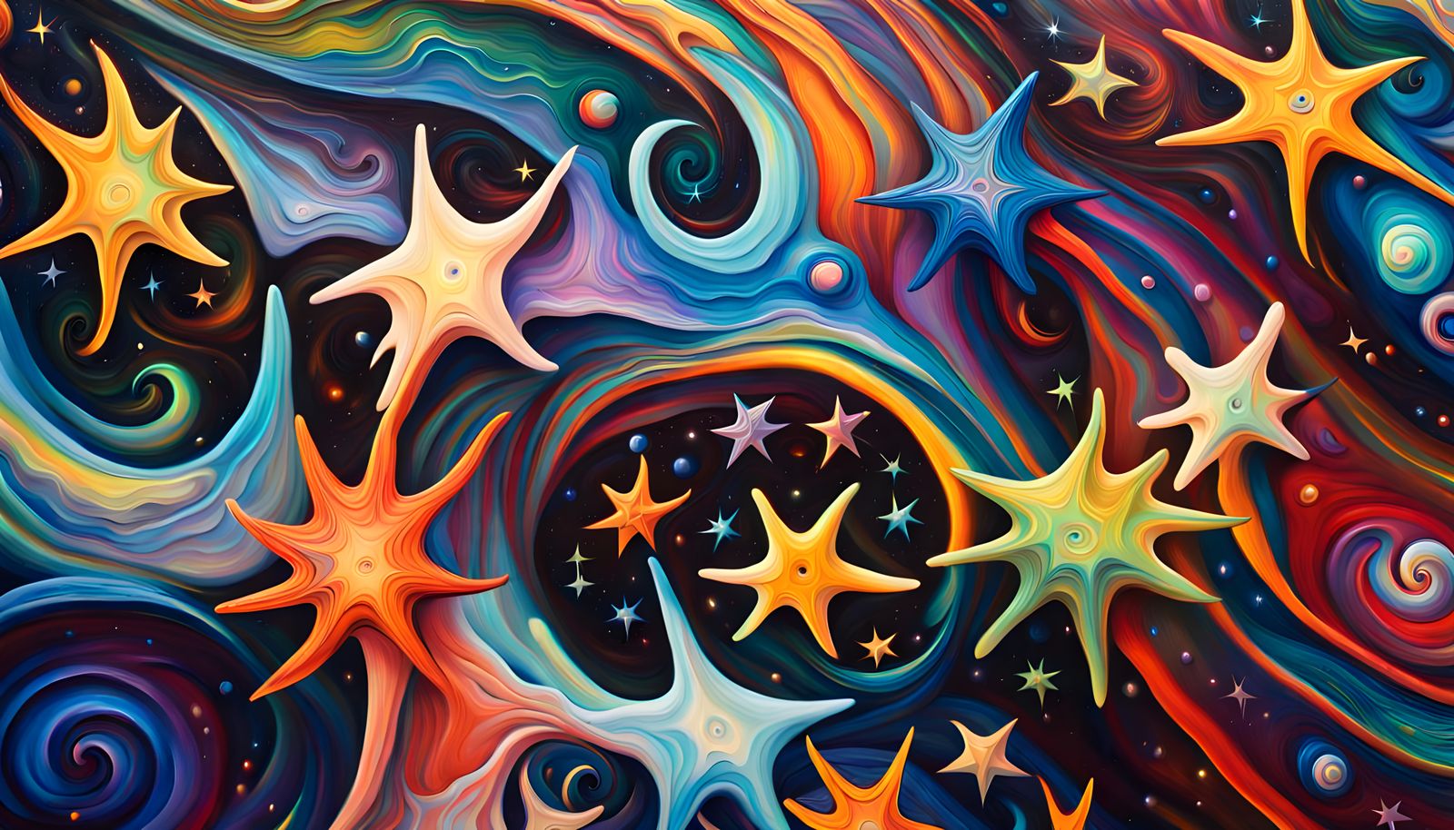 Iridescent Star Cluster Formation in Abstract Oil Painting