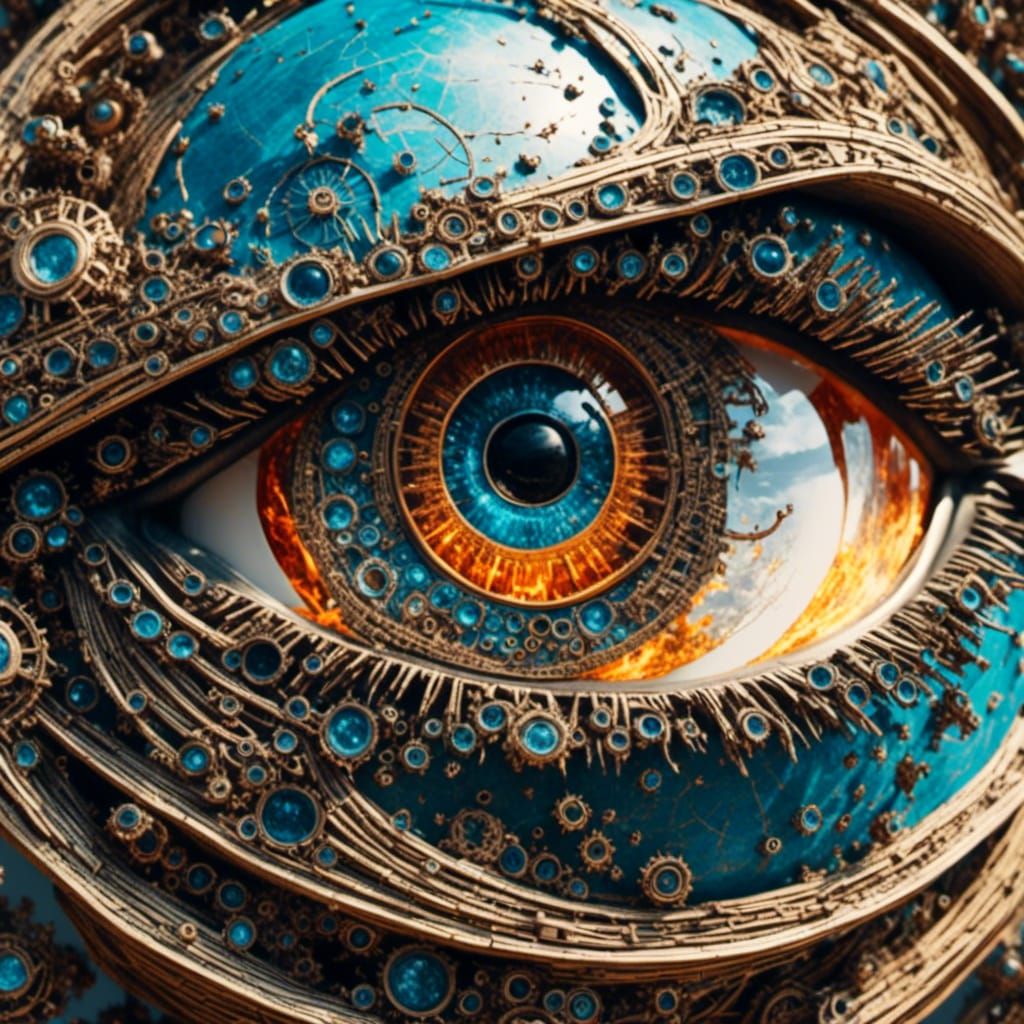 Cyborg Eye Reflects Earth's Destruction