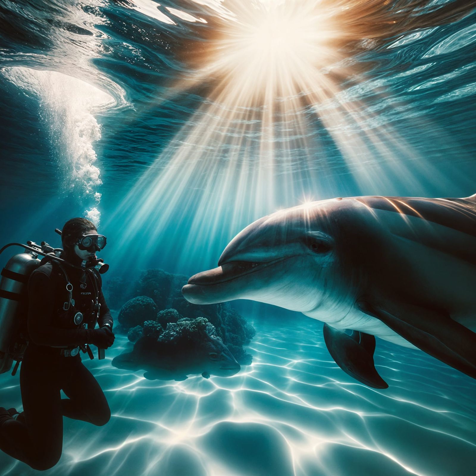 Diver and Dolphin Encounter in Caribbean Waters