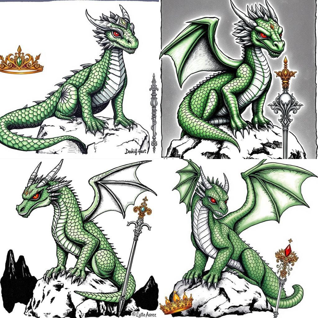 Mystical Dragon with Green Scales, Ink Drawing