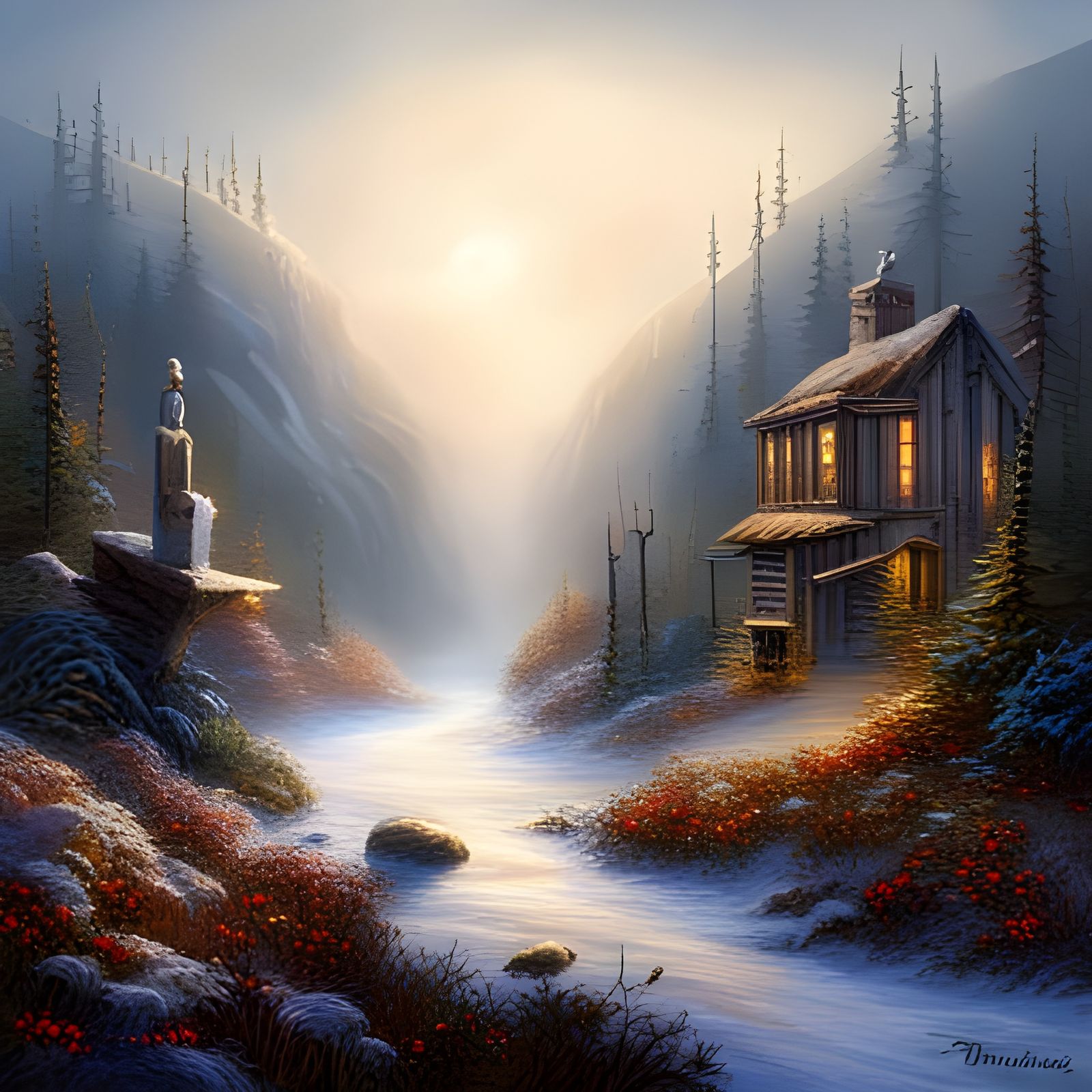 Man Lost in Enchanted Winter Forest Landscape