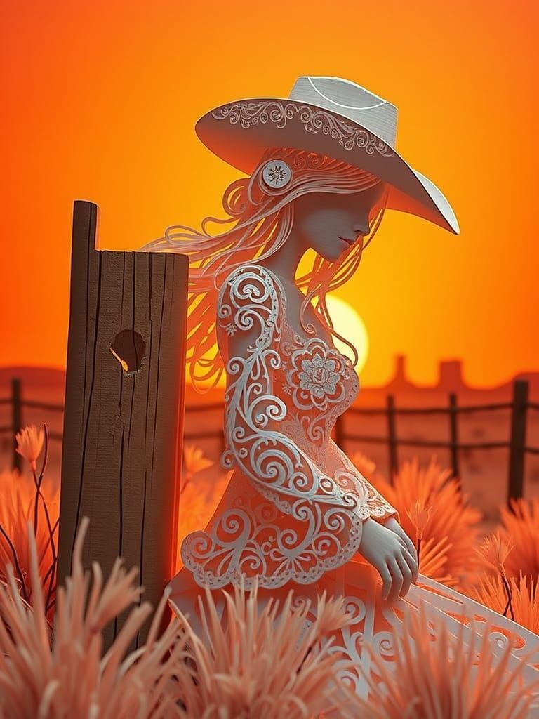 Cowgirl in Desert Landscape as Papercraft Art