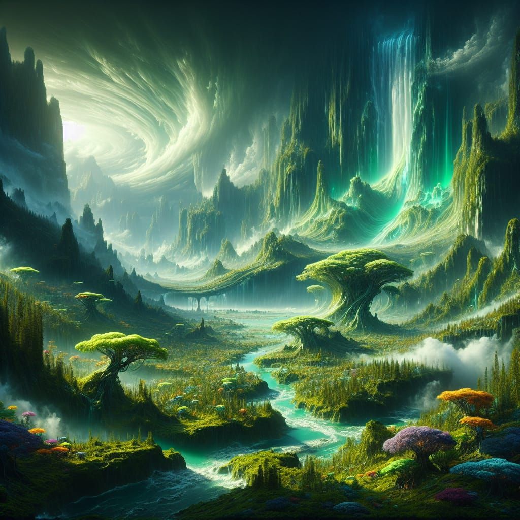 Lush Green Alien Landscape in Digital Matte Painting Style