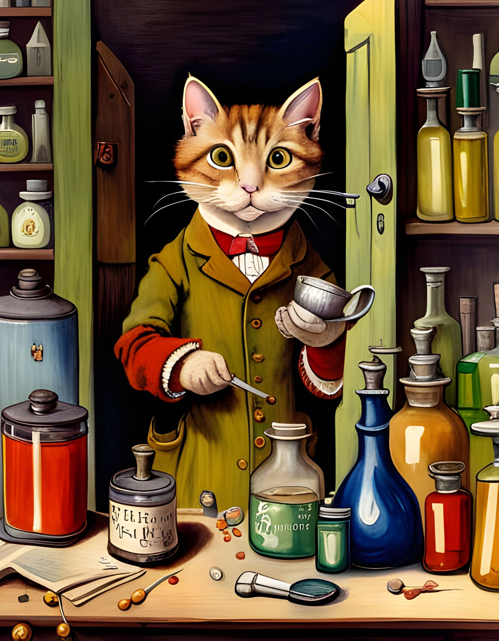 Cat Alchemist in Vintage Apothecary Painting