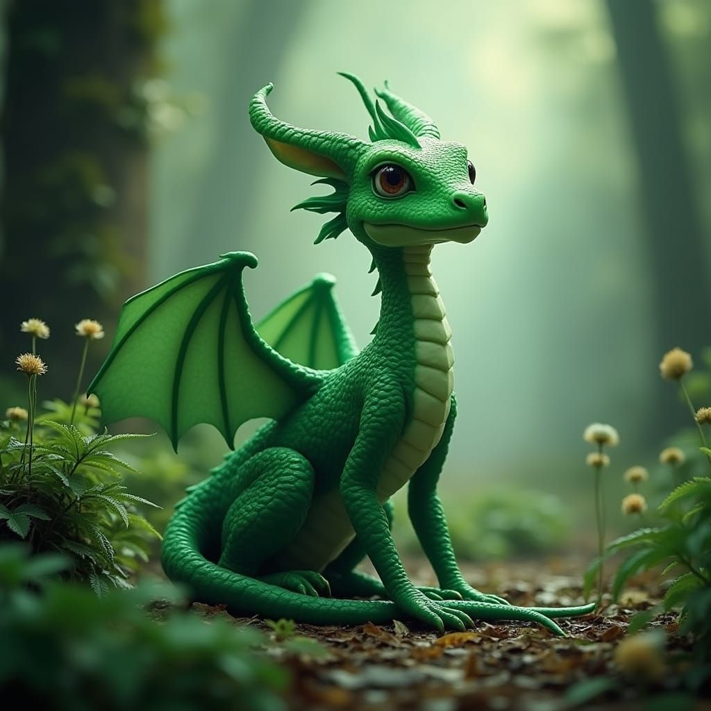 Whimsical Green Dragon in Enchanted Forest