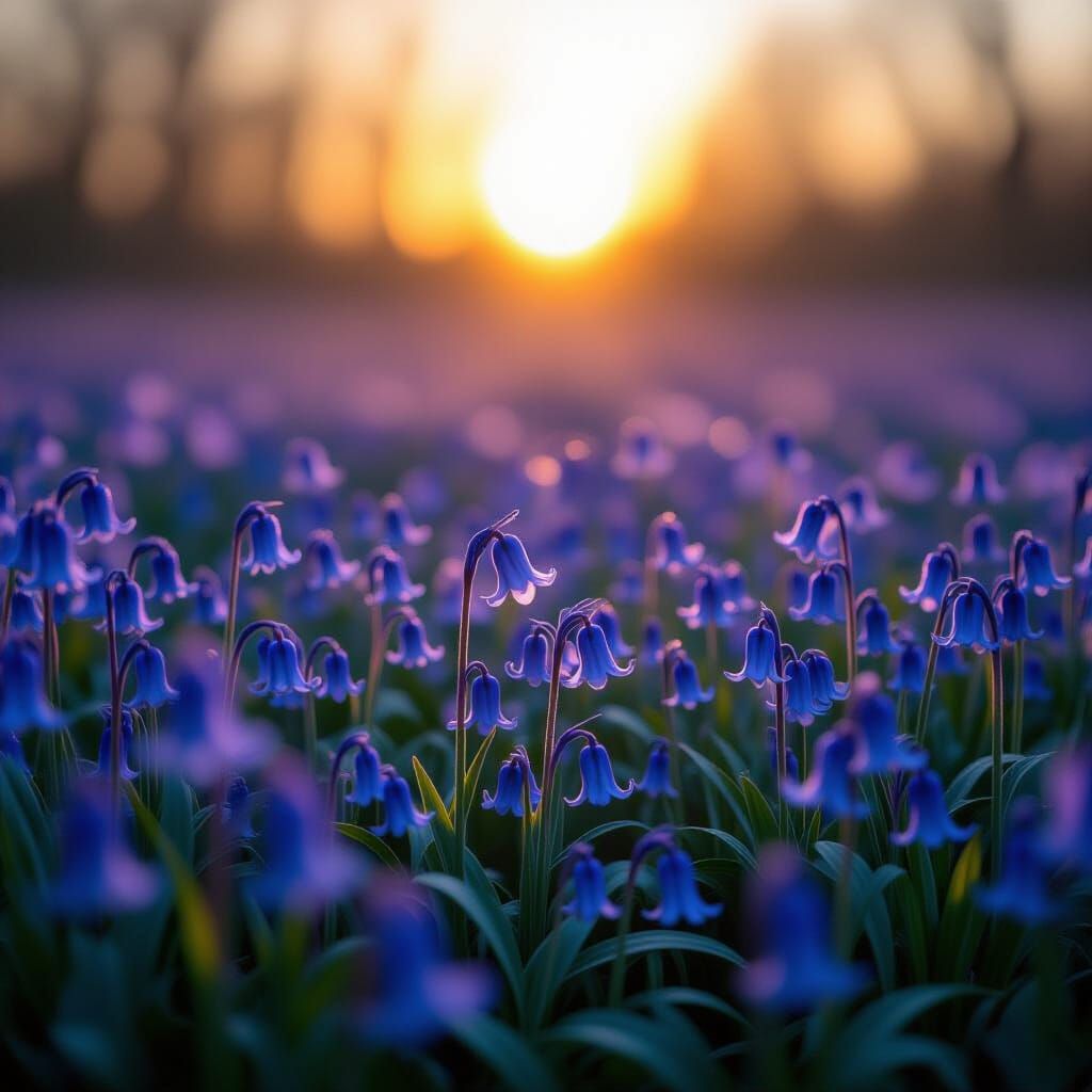 Bluebell Flower Field in Afternoon Sun