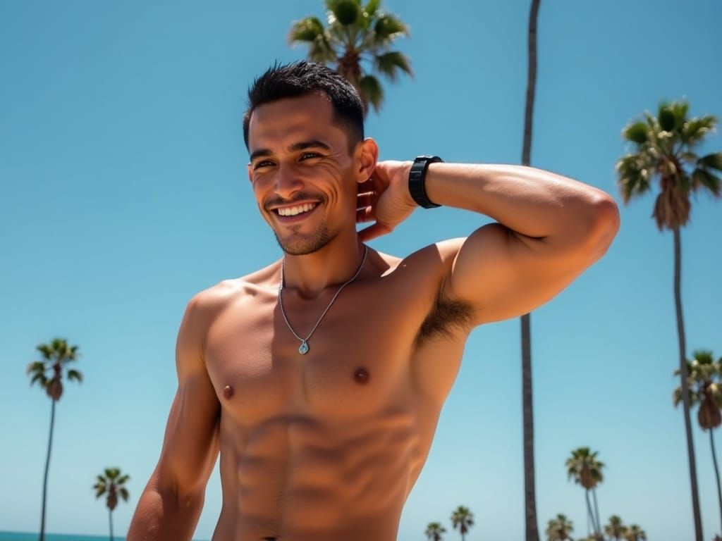 Young Man Smiling, Toned Physique in Detailed Digital Painti...