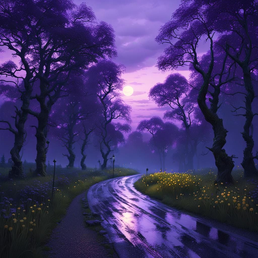 Country Road at Dusk: Detailed Dark Fantasy Concept Art