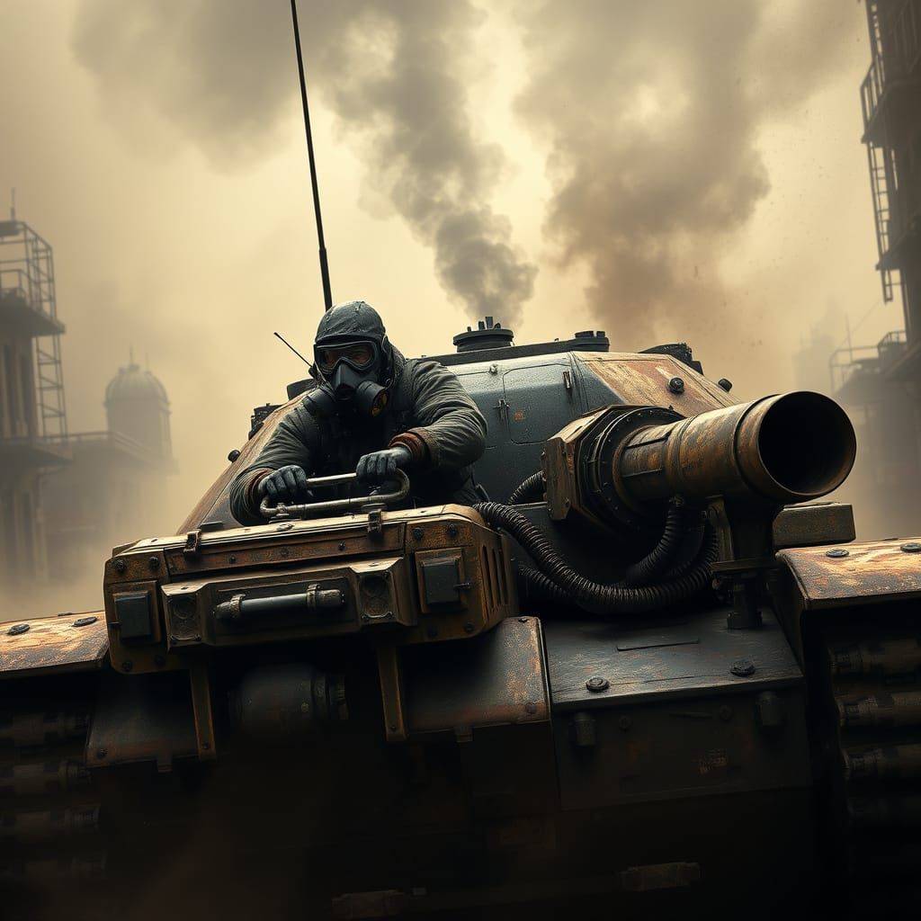 Survivor in Industrial Power Armor Navigates Ruins in Foggy ...