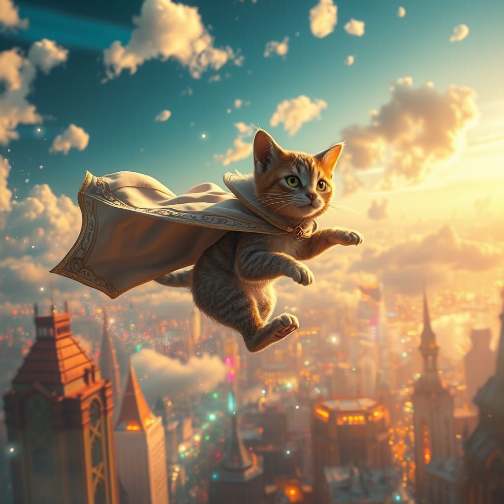 Whimsical Feline Adventurer Soars Through Vibrant Metropolis