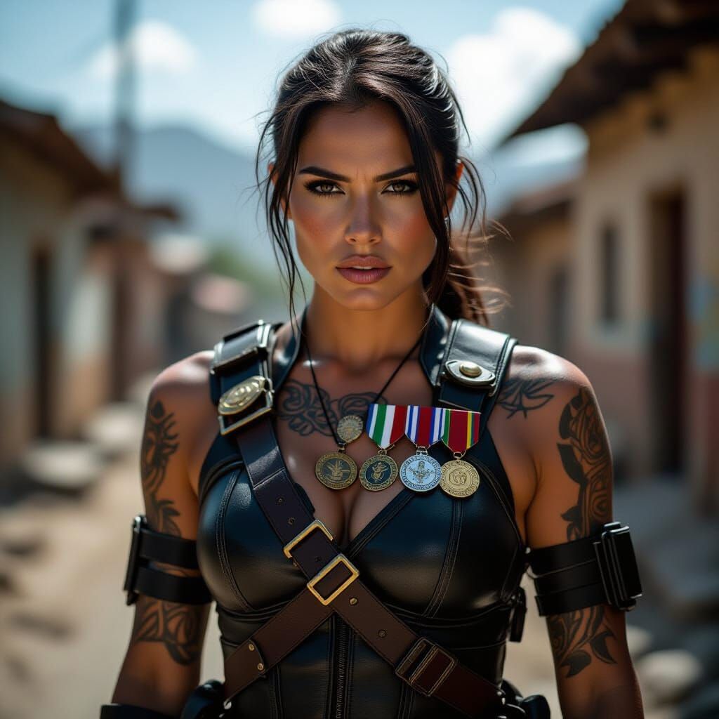 Cinematic Photo of Defiant Mexican Woman in Combat Gear