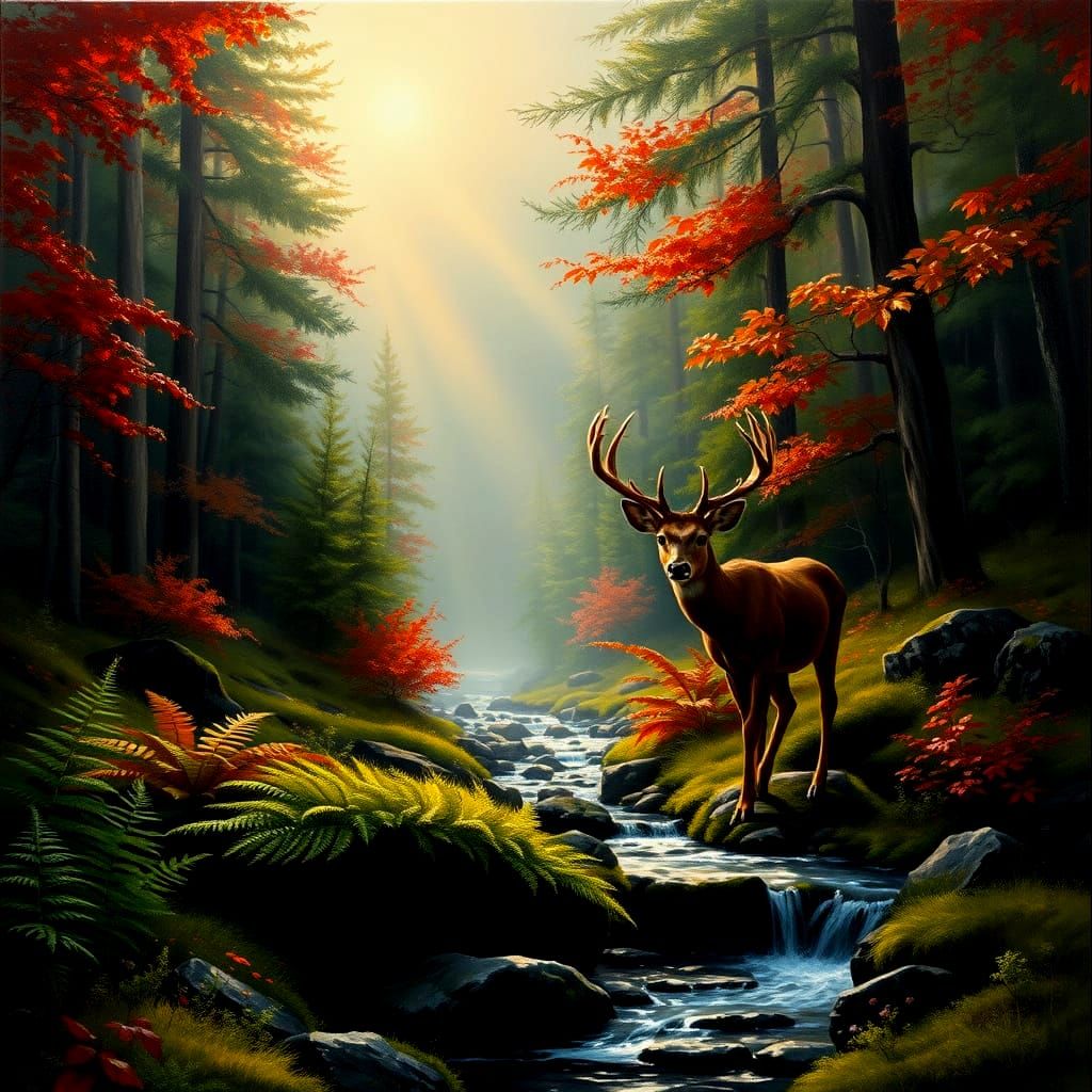 Misty Valley Deer in Autumnal Forest, Oil Painting
