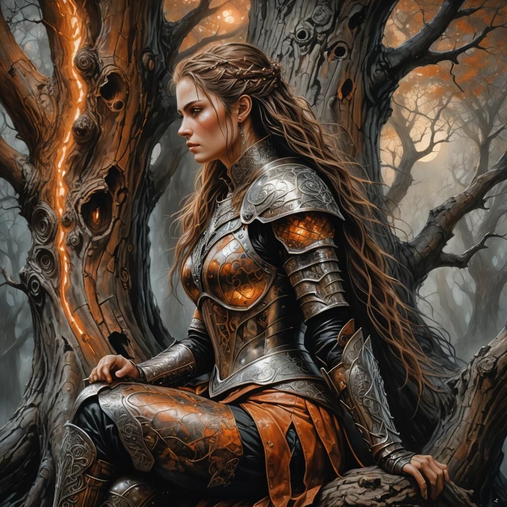Warrior Woman in Mystical Forest: Fantasy Oil Painting