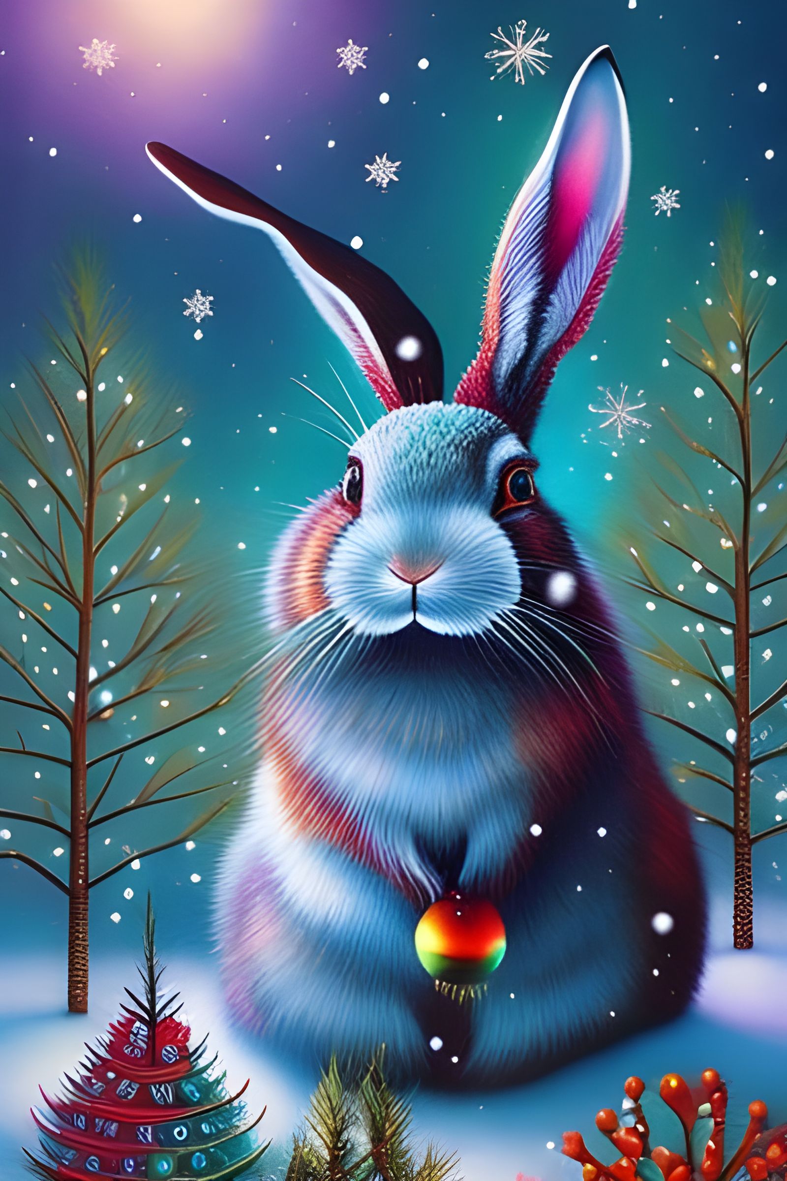 New Year Rabbit with Christmas Tree in Magic Realism
