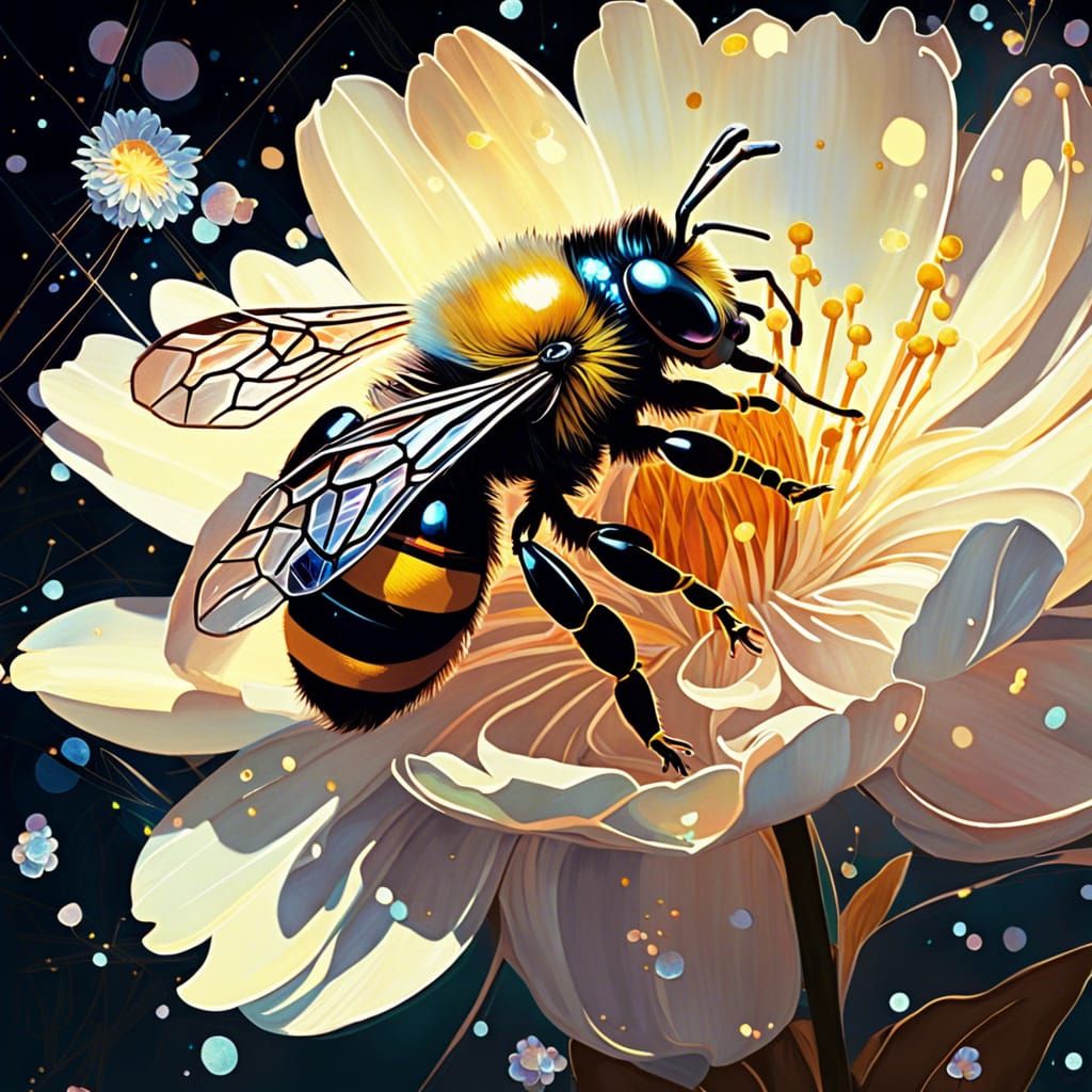 Celestial Bee on Sparkling Flower, Digital Art
