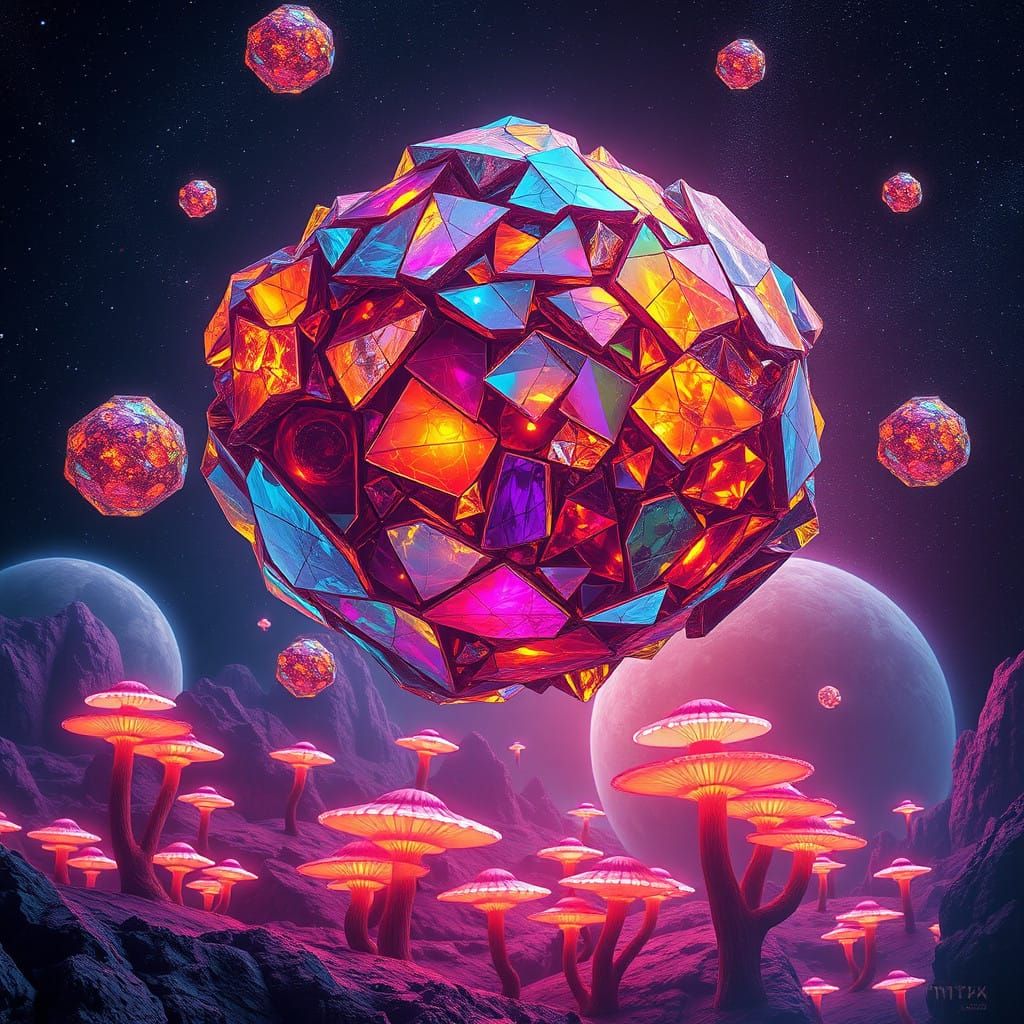 Stained Glass Asteroids in a Dreamlike Galactic Landscape
