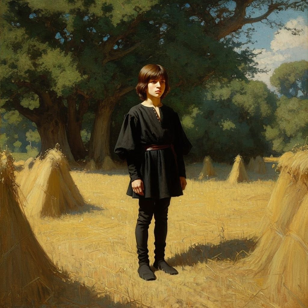 Medieval Boy in Hay Field: An Oil Painting
