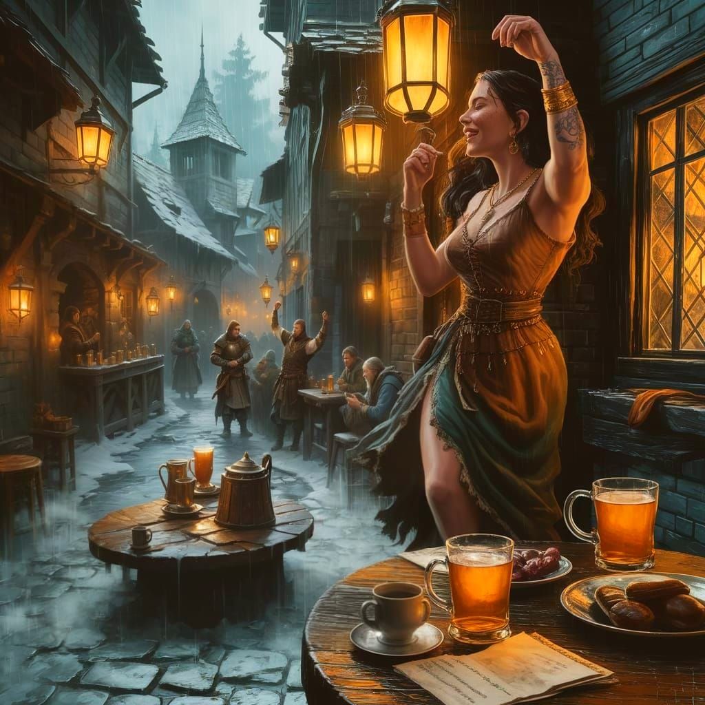 Joyful Medieval Wench Dancing in Cozy Tavern