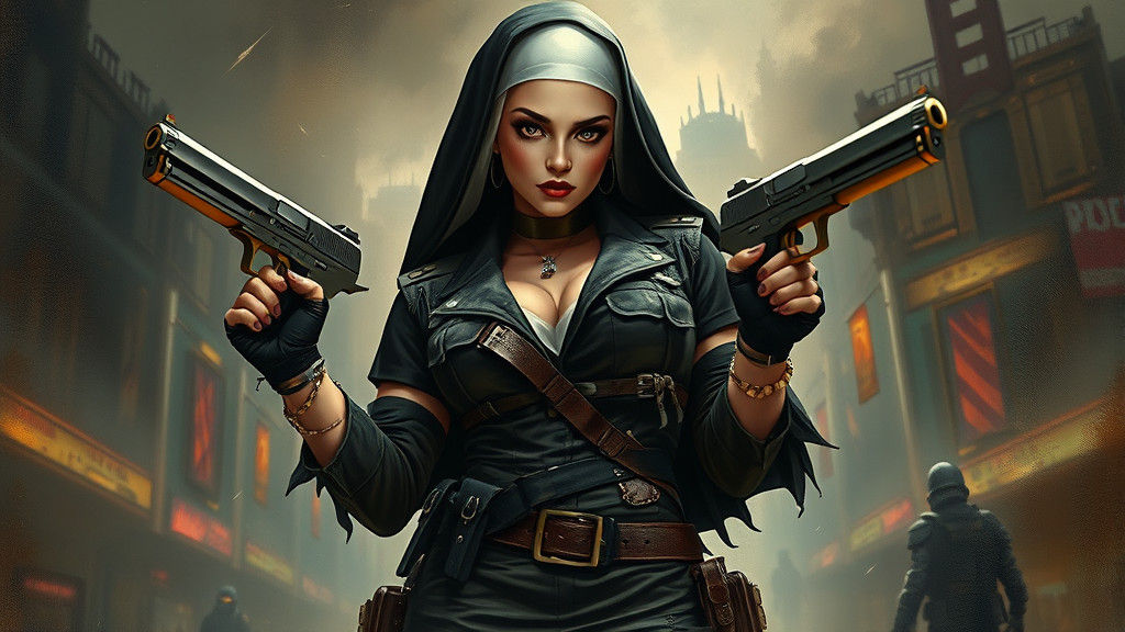 Punk Rock Nun Wielding Guns in Dystopian Cityscape