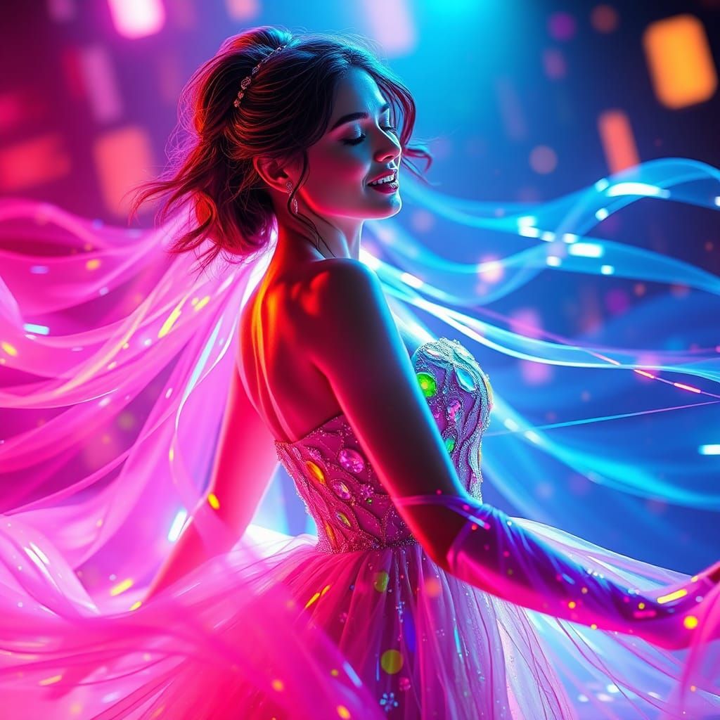 Neon Cinderella Dances in a Glass Gown