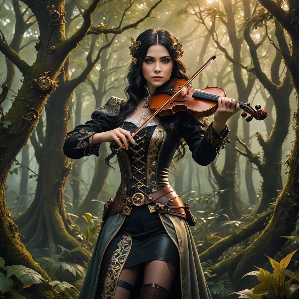 Steampunk Halfling Bard in Enchanted Forest