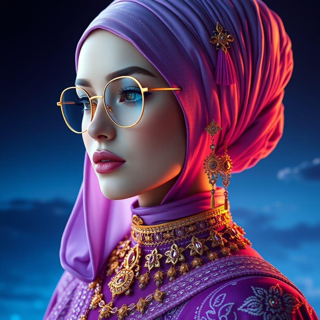 Woman in Futuristic Cloak with Gold Jewelry