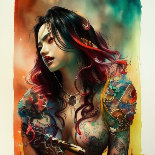 Woman in Belly Shirt: Ink and Watercolor Art