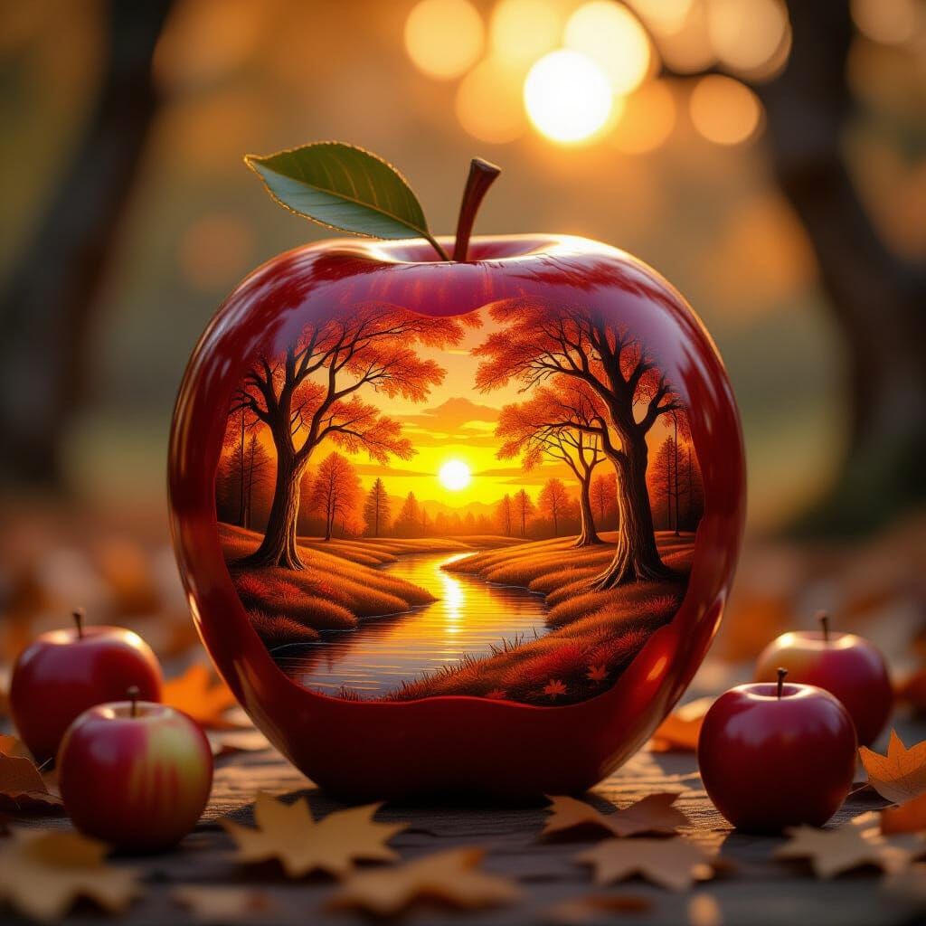 Hyperrealistic Apple Carved with Autumn Landscape