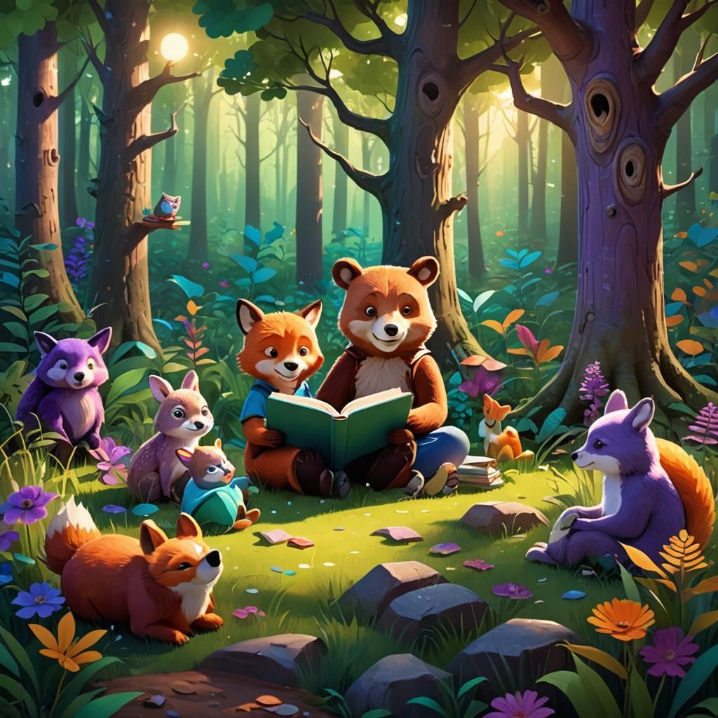 Enchanting Forest Scene with Child Reader as 3D Art