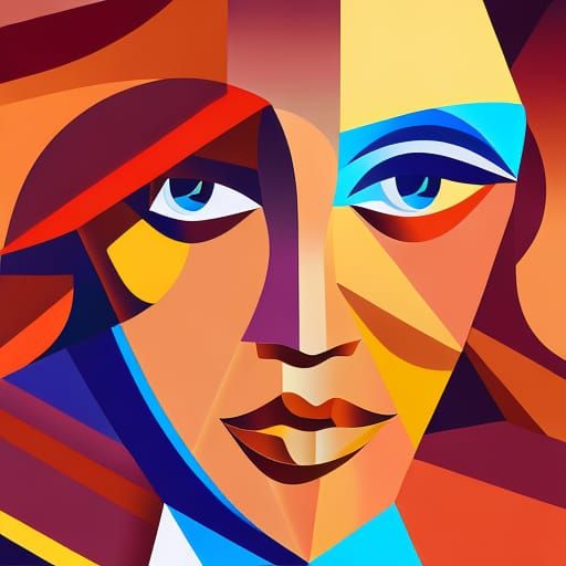 Auburn Haired Woman on Beach: Cubist Art Deco