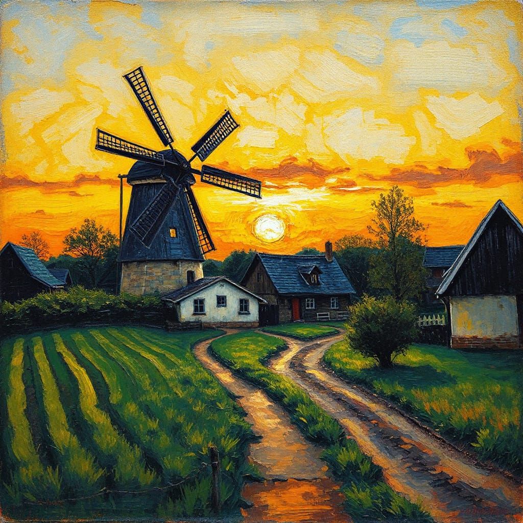 Surreal Windmill Scene in Thick Impasto Brushstrokes