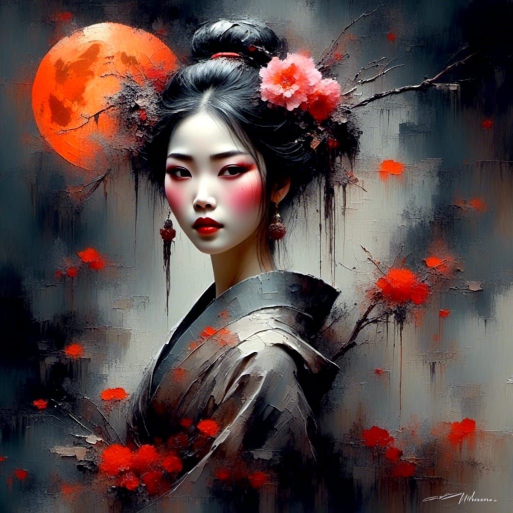 Geisha Under Blood Moon in Botanical Art Style