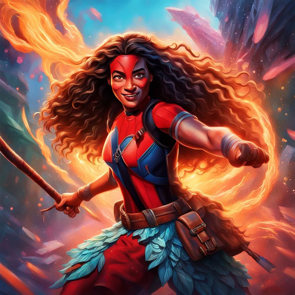 Illustrate a mesmerizing composition featuring Moana, Deadpool, and Hermione Granger in a mesmerizing dance of light and...