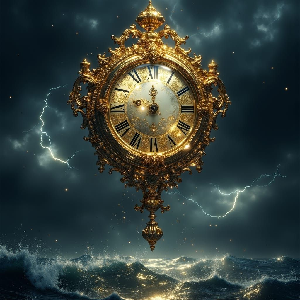 Gilded Clock Above Stormy Sea: Mystical Realism