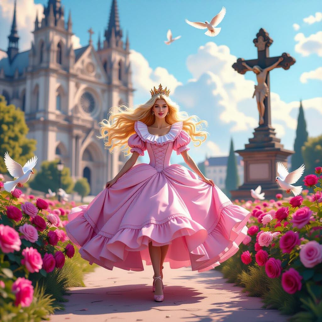 Blonde Woman in Ballgown Running Past Cathedral