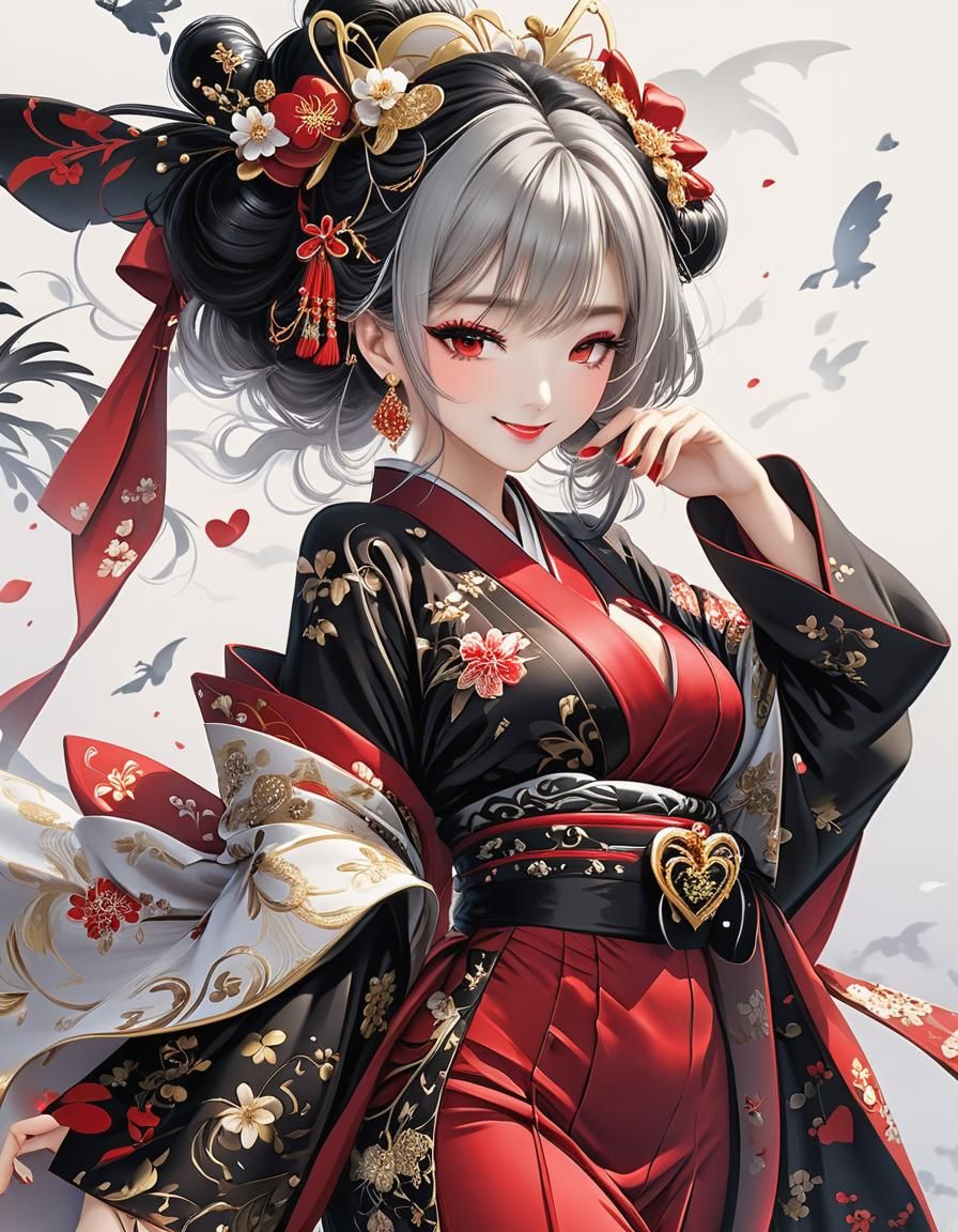 Beautiful Woman in Kimono with Holographic Glow