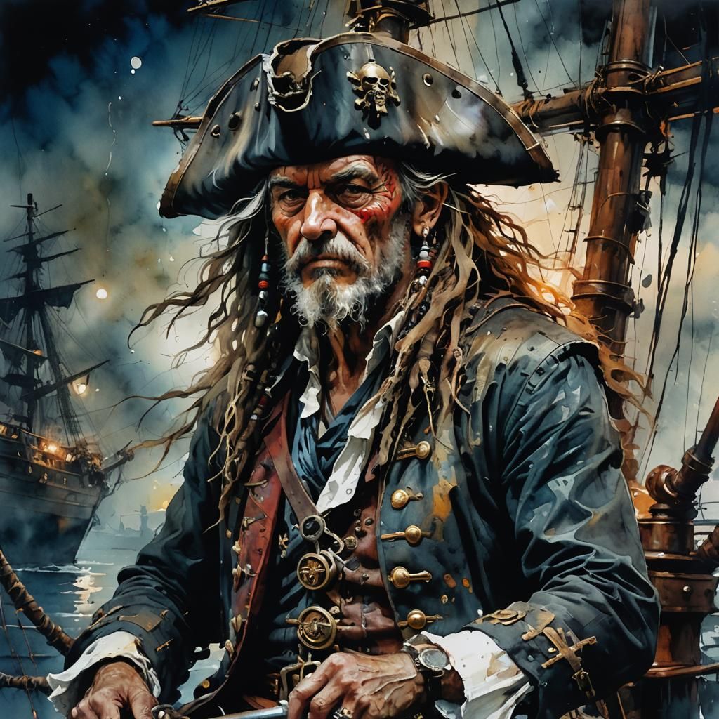 Fearsome Pirate Captain at Helm, Alcohol Ink Style