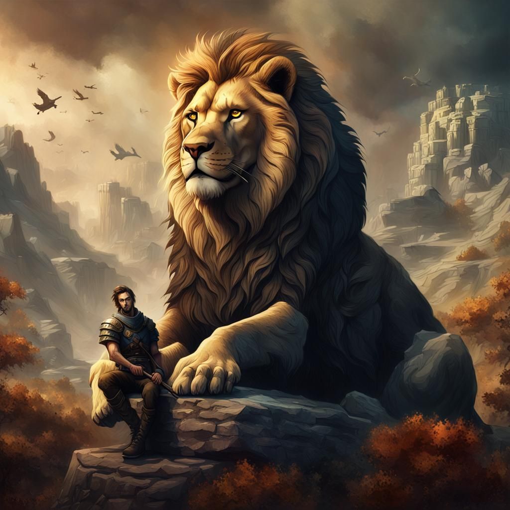 Warrior on Lion in Grunge Fantasy Art