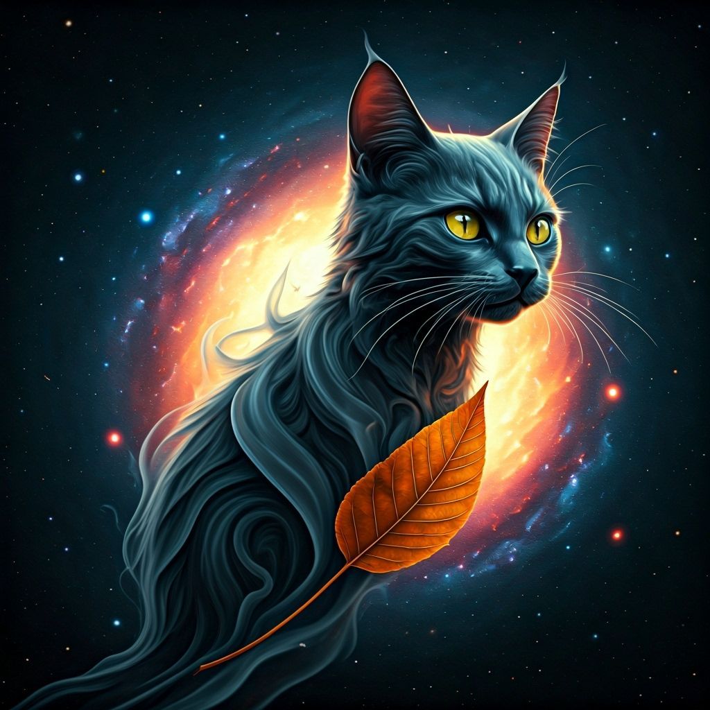 Ethereal Smoke and Leaf Cat in Cosmo Galaxy, Oil Painting