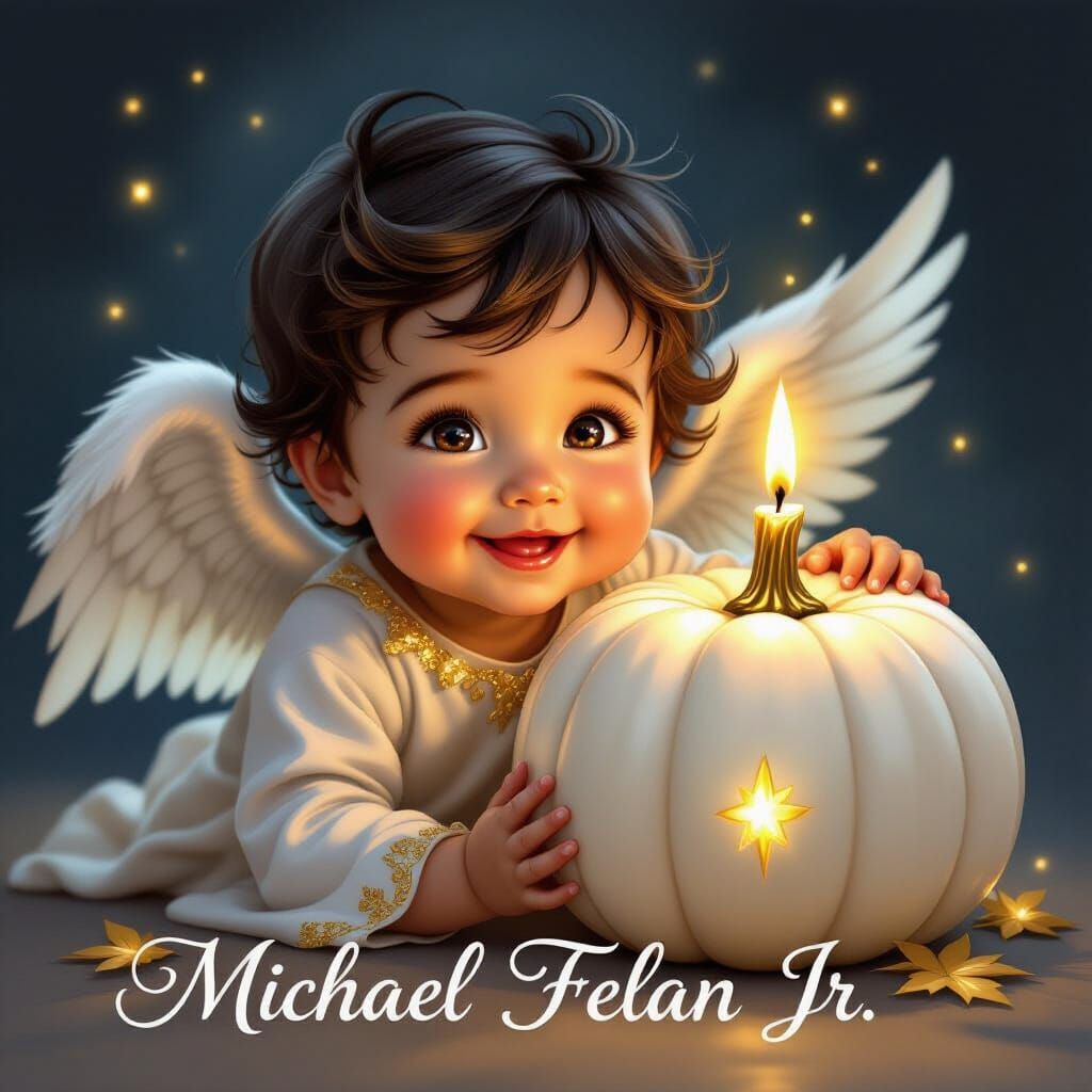 Joyful Infant Angel With Glowing Pumpkin, Fantasy Art