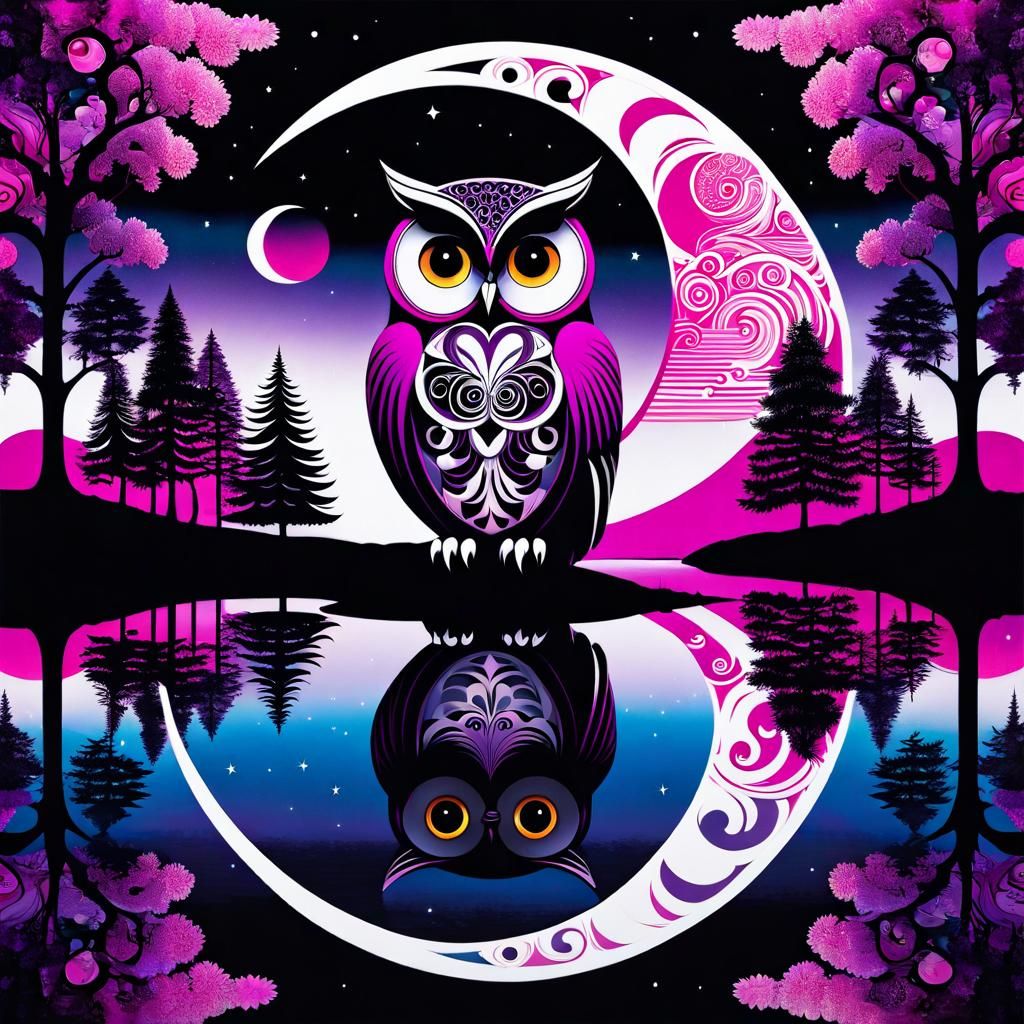 Surreal Owl Silhouette with Clock and Moon