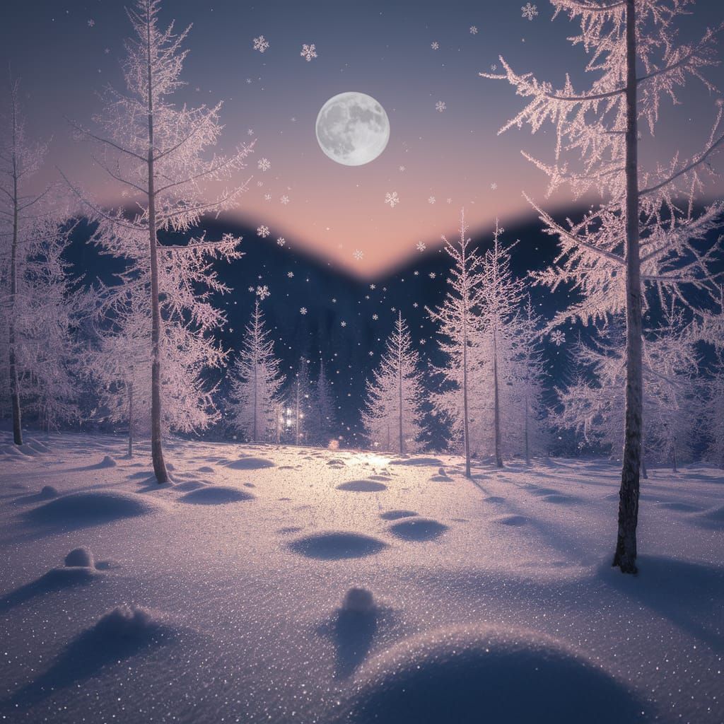 Serene Winter Night Landscape Under Moonlight