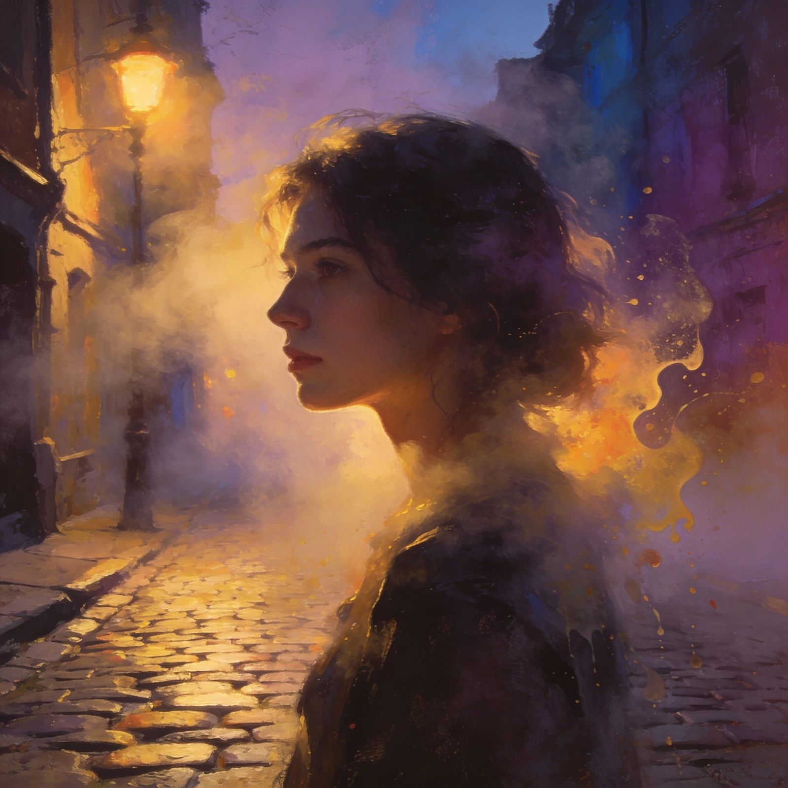 Ethereal Foggy Cobblestone Street at Dusk