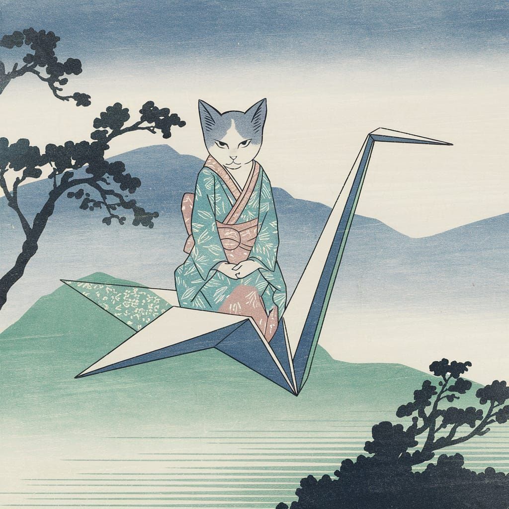 Cat Miko on Origami Crane: Japanese Woodblock Print