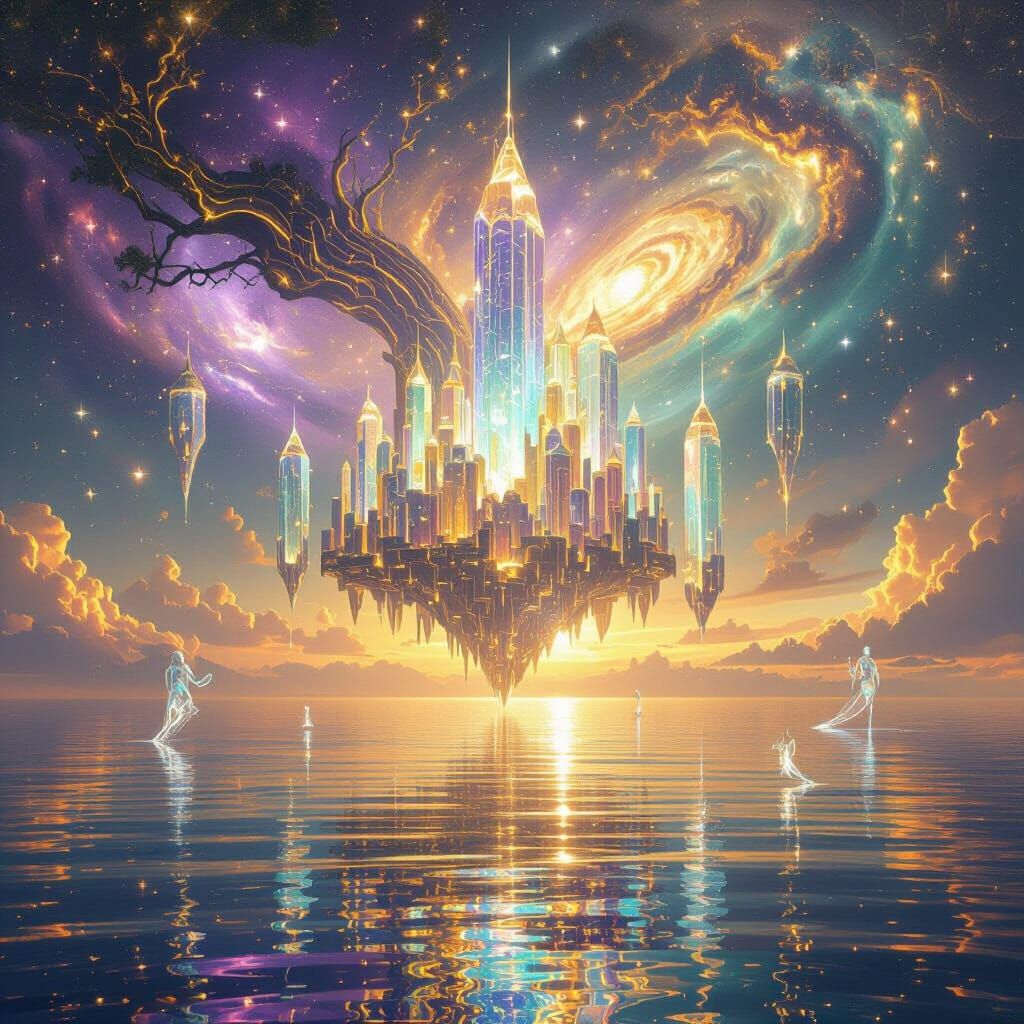 Glowing Crystal City Above Ocean of Light