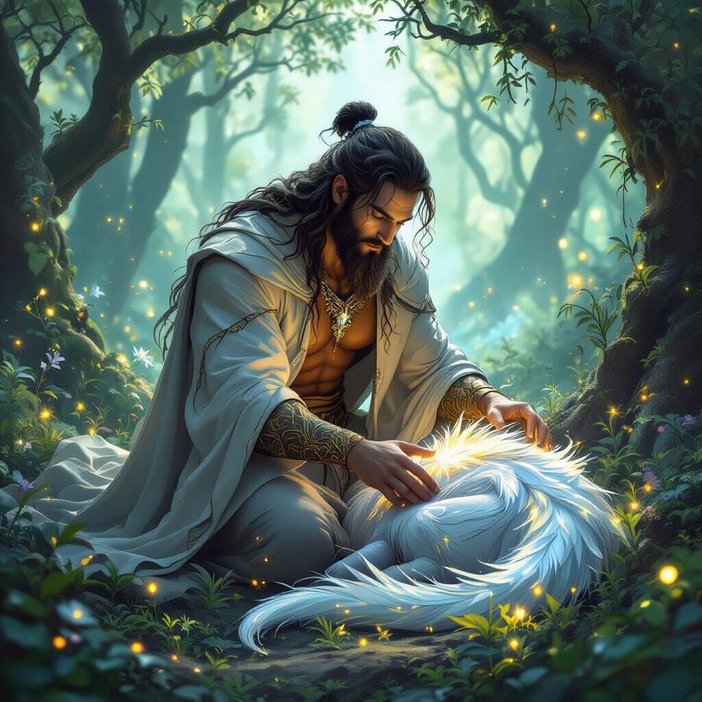 Celestial Healer Tends Mythical Creature in Bioluminescent F...