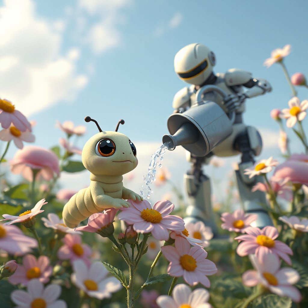 Cute Caterpillar and Robot in Whimsical Garden, Anime Art
