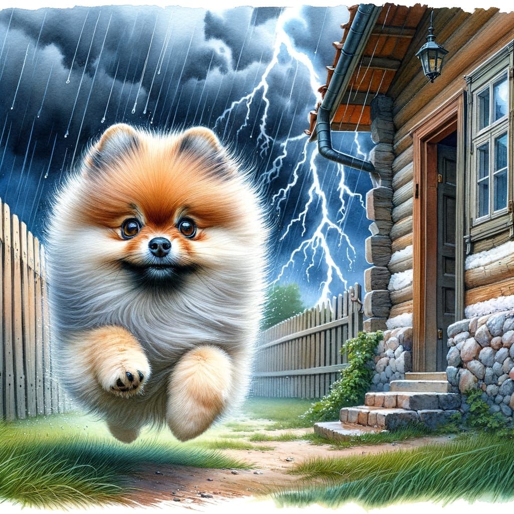 Pomeranian in Watercolor Running from Storm