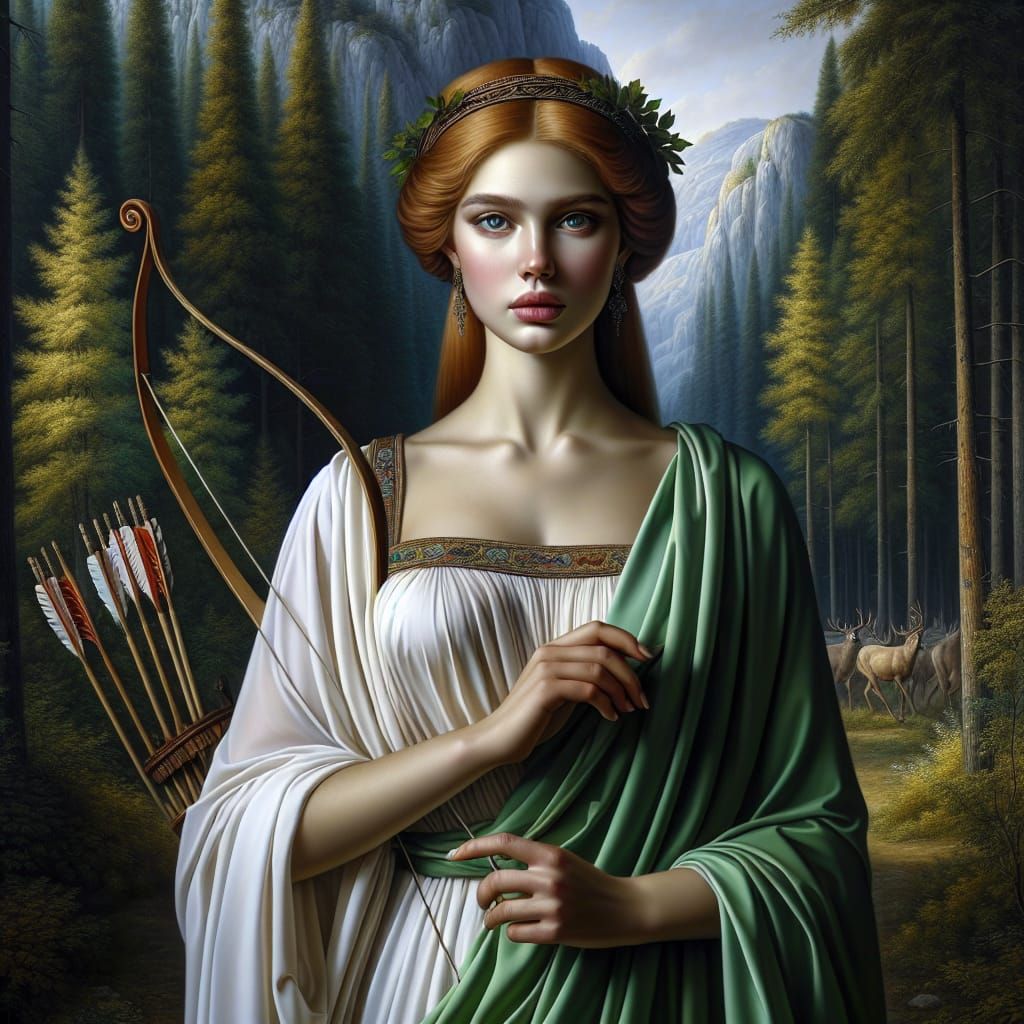 Regal Georgian Hunting Goddess in Ancient Attire